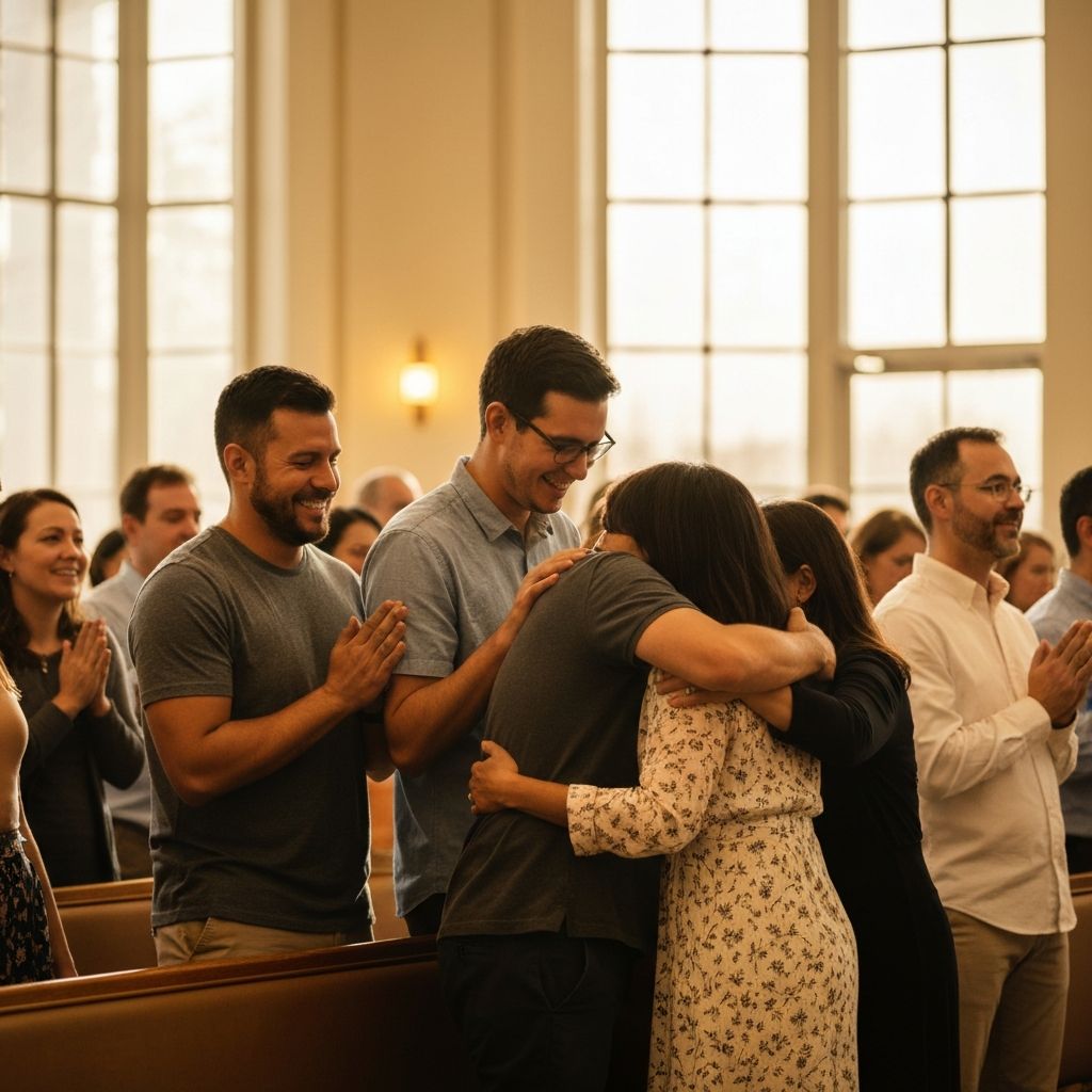 Faith community gathering in warm light